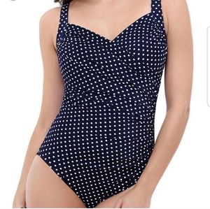Miraclesuit navy dot swimsuit
